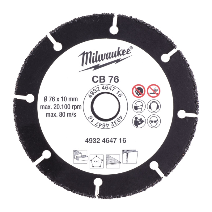 Диск карбидный Milwaukee 76мм (4932464716) (для циркулярных пил, для дерева, пластика и гипсокартона, внешний диаметр: 76мм, высота сегмента: 10мм, ширина: 2.6мм)