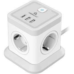 Cablexpert Сетевой фильтр Tower TWR-4-CU2-W-2 4р, 10А, 1xType-C PD, 20Вт, 2 х USB, 2м, ур.защиты 2+ белый, коробка {22557}