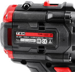 Дрель-шуруповерт TEH TDBL1020-2B (напряжение 20 В, обороты: 0-500/2100 об/мин, крутящий момент 100 нм, быстрозажимной патрон 13 мм, в комплекте крюк для ремня, комплектация: 2 шт акб 2 ач, зу, кейс stack)