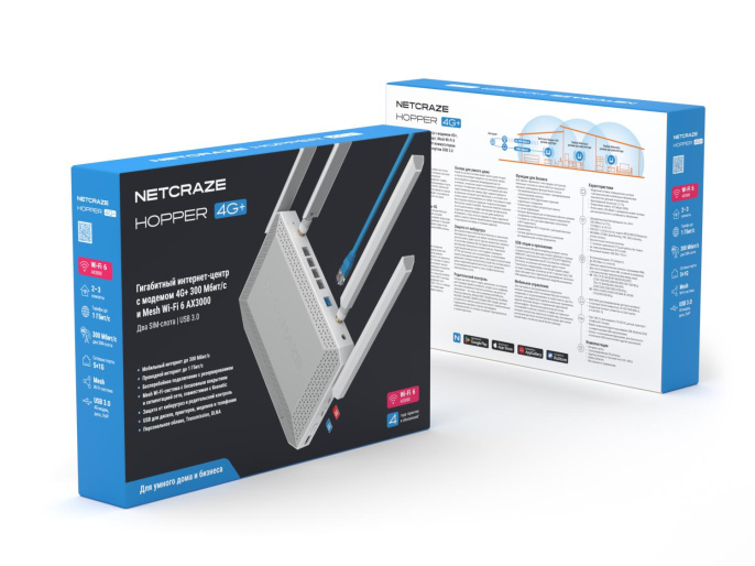 Маршрутизатор/ Netcraze Hopper 4G+ Гигабитный интернет-центр с модемом 4G+, двумя слотами для SIM-карт, Mesh Wi-Fi 6 AX3000, 5-портовым Smart-коммутатором и многофункциональным портом USB 3.0 (NETCRAZE HOPPER 4G+ (NC-2312))