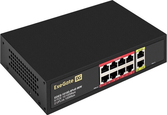 Коммутатор неуправляемый ExeGate EDES-1010D.8PoE-96W (10-портовый UTP 10/100 Base-Tx: 8 портов IEEE 802.3af/at (PoE+), мощность PoE: 25W, суммарно 96W, 2 порта RJ45 uplink, настенный/настольный, металлический корпус) EX299021RUS