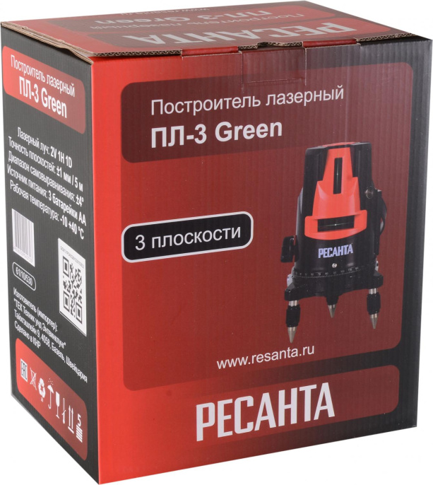 Нивелир лазерн. Ресанта ПЛ-3 Green 2кл.лаз. 550нм цв.луч. зеленый 3луч. 61/10/530