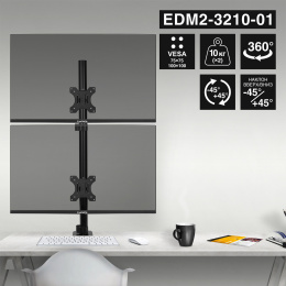 Кронштейн для двух мониторов 13"-32" настольный ExeGate EDM2-3210-01 (VESA 75x75, 100x100, макc.нагрузка 2х10 кг, наклон -45°/+45°, поворот -45°/+45°, вращение 360°, 2 способа крепления: сквозное и струбцина, цвет черный) EX300167RUS