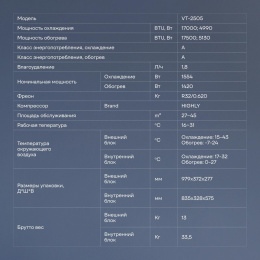 Сплит-система Vitek VT-2505 настенная, до 65м2, 24000 BTU