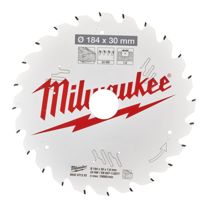 Диск пильный Milwaukee 184x30x1.6x24 ATB 4932471297 по дереву для циркулярной пилы, угол атаки зуба: +15°, низкая вибрация