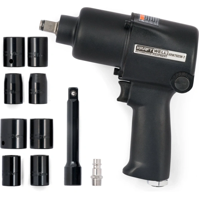 Пневматический ударный гайковерт KraftWell 1/2 с комплектом ударных головок, 780 Нм KRW750IW-T