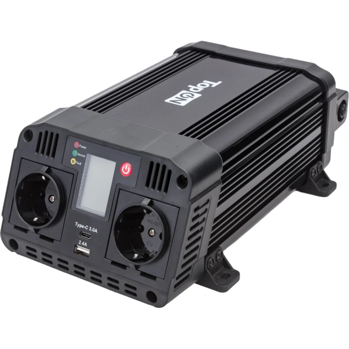 Автомобильный инвертор TopOn 1200 Вт, 2 розетки, Type-C, USB, LCD экран, пиковая мощность 2400 Вт, черный TOP-PI1202