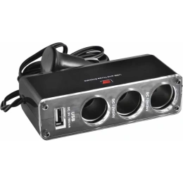 Разветвитель прикуривателя 3 гнезда + USB SKYWAY черный, предохранитель 5А, USB 1A S02301008