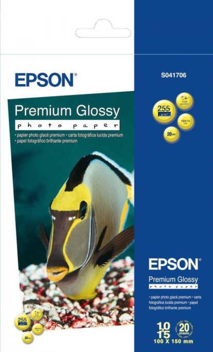 Фотобумага Epson Premium Glossy Photo Paper 10x15 20 листов C13S041706 для струйной печати, водорастворимые чернила, фактура поверхности: глянцевая, плотность материала: 350 г/м², непрозрачность бумаги: 99%, белый