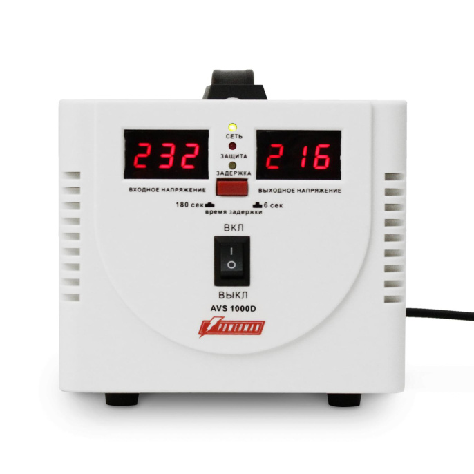 Стабилизатор POWERMAN AVS 1000D, ступенчатый регулятор, цифровые индикаторы уровней напряжения, 1000ВА, 140-260В, максимальный входной ток 7А, 2 евророзетки, IP-20, напольный, 200мм х 150мм х 140мм, 2,3 кг./ Stabilizer POWERMAN AVS 1000D, step-type regul