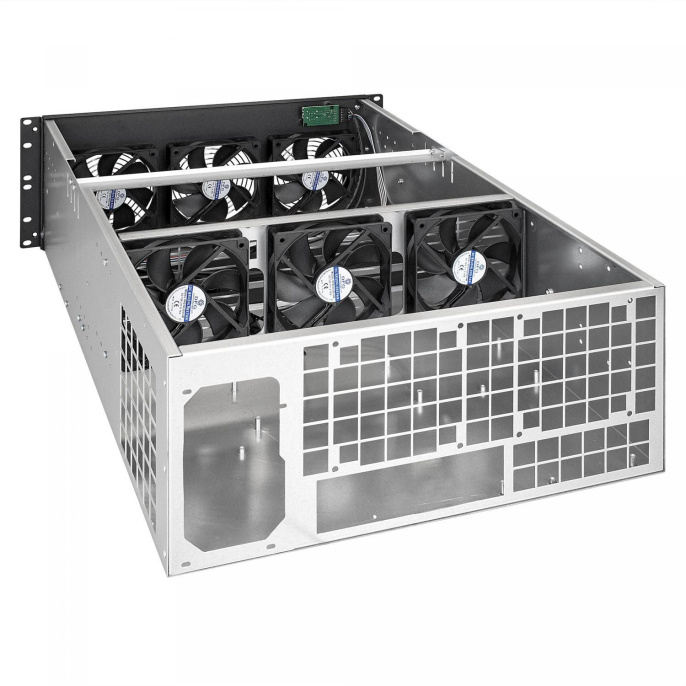 Корпус для майнинга ExeGate Pro 8-650 <без БП, 2*USB, 6*fan 120мм, места под: 8 видеокарт, 1 БП, RM 4U> EX288960RUS