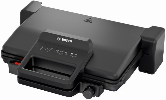 Электрогриль Bosch TCG3323 2000 Вт, универсальный, двухсторонний гриль-пресс , габариты 399x325 мм, рабочая поверхность 310x220 мм, материал рабочей поверхности: алюминий, цвет: черный