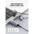 Аудио переходник UGREEN CM383-80864; USB-A to AUX 3,5mm F с поддержкой наушников и микрофона; Частота дискретизации: 96 кГц/24 бит; 192 кГц/16 бит; SNR 100 дБ; Частотная характеристика: 20 Гц-20 кГц;