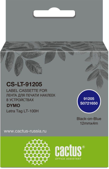 Картридж Cactus CS-LT-91205, 91205, 12мм,  черный шрифт, синий фон,  4м ( CS-LT-91205