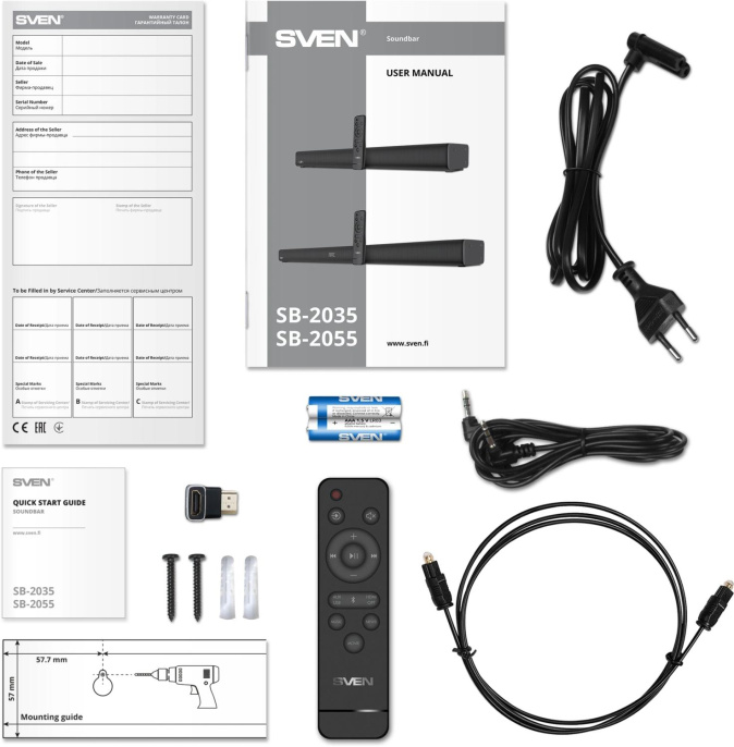 Саундбар Sven SB-2035 SV-022419 40 Вт, Bluetooth, режим вопроизведения: стерео, диапазон частот: 80-20000 Гц, размер динамиков: 78x40 мм, разъемы: AUX, HDMI, SPDIF Optical , пульт ДУ