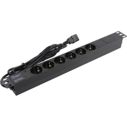 Блок розеток с кабелем с вилкой C14 ExeGate ServerPro PDU-19H604 Al-6S-C14-2.5CU 19", 1U, Алюминий, 6 Schuko, кабель с вилкой C14 VDE-250V-10A-3*1.0mm2, медь, 2.5 метра, индикатор питания, черный, RTL EX280829RUS