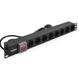 Блок розеток с выключателем с подсветкой ExeGate ServerPro PDU-19H803 Al-8S-EU2CU-SW (19", 1U, Алюминий, 8*EU/Тип F(Schuko), Евровилка EU/Тип F(Schuko) VDE-250V-16A-3*1.5mm2, медь, 2 метра, выкл. с подсветкой, черный, RTL) EX280842RUS