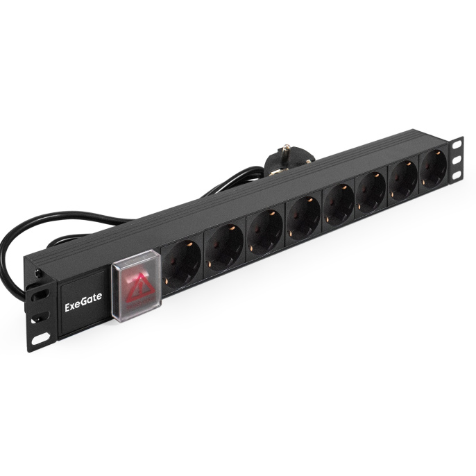 Блок розеток с выключателем с подсветкой ExeGate ServerPro PDU-19H803 Al-8S-EU2CU-SW (19", 1U, Алюминий, 8*EU/Тип F(Schuko), Евровилка EU/Тип F(Schuko) VDE-250V-16A-3*1.5mm2, медь, 2 метра, выкл. с подсветкой, черный, RTL) EX280842RUS