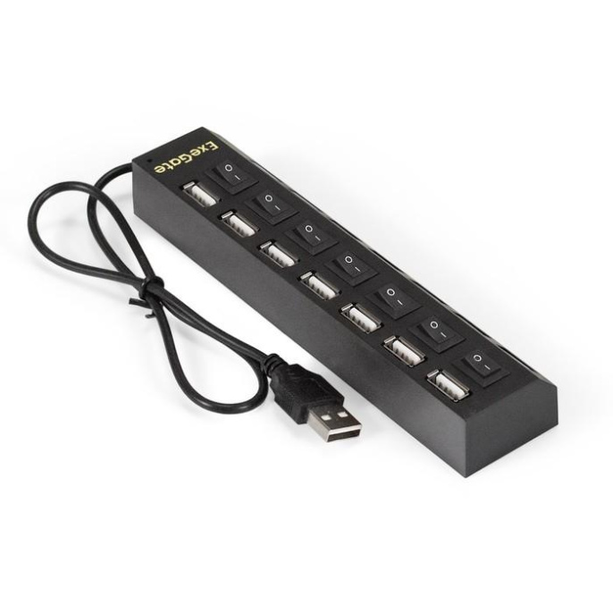 USB-Хаб концентратор 7-в-1 ExeGate DUB-72SW кабель-адаптер USB2.0 -- 7xUSB2.0, кнопки включения/отключения для каждого порта, Plug&Play, черный EX293978RUS