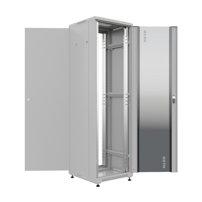 NTSS Шкаф напольный универсальный серверный NTSS R 18U 600х600мм, 4 профиля 19, двери стекло и сплошная металл, боковые стенки съемные, регулируемые опоры, разобранный, серый RAL 7035 NTSS-R18U6060GS