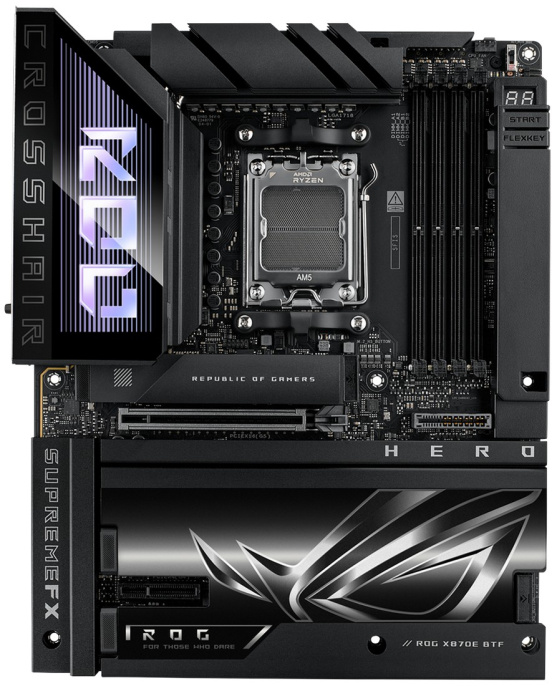 Материнская плата ASUS ROG CROSSHAIR X870E HERO BTF (ATX, 30.5x24.4 см, AMD X870E, 4xDDR5 DIMM, 8600МГц, до 256GB, звук 7.1, 4xSATA3.0 (6Gb/s), 5xM.2, 1xPCIe5.0x16, 1xPCIe4.0x4, 1хHDMI, 2xUSB4)