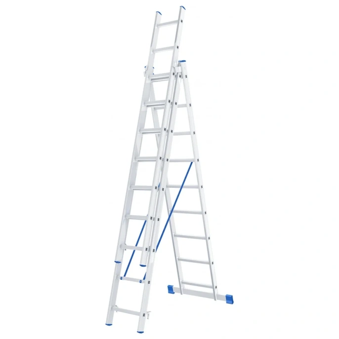 Алюминиевая трехсекционная лестница СИБРТЕХ 3х9 ступеней 97819