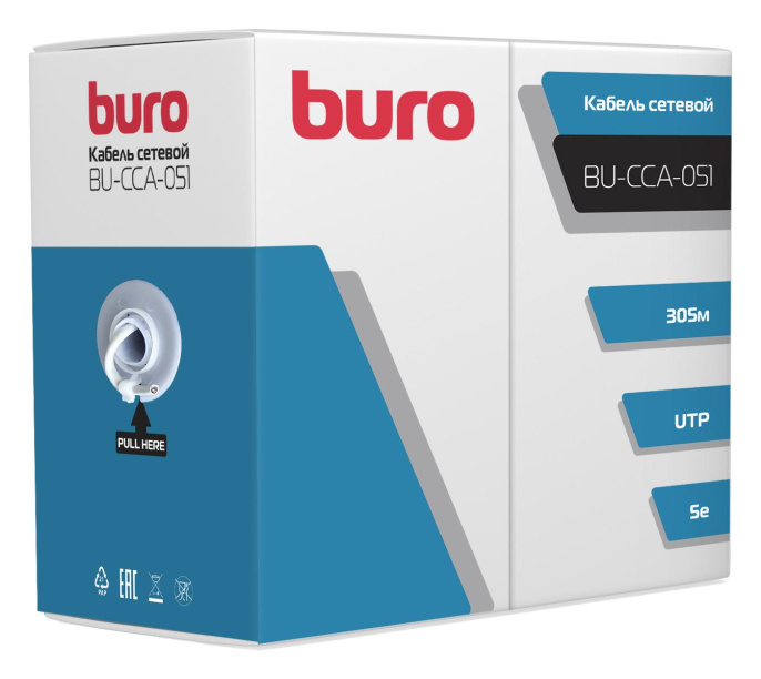Кабель сетевой Buro BU-CCA-051 UTP, кат.5E, 305м, 4 пары, 0.51мм, алюминий омедненный, одножильный, серый