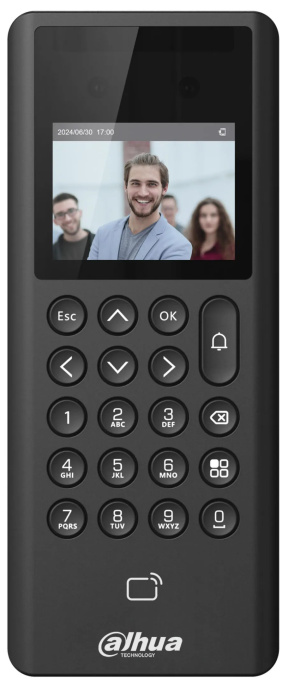 Контроллер доступа Dahua DHI-ASI3203E-W экран: 2.4", камера: 2 MP CMOS HD, DWDR, метод проверки: карта/пульт/пароль/разблокировка по лицу, карта: IC-карта, Wi-Fi IEEE802.11b/802.11g/802.11n, шифрование IC-карты