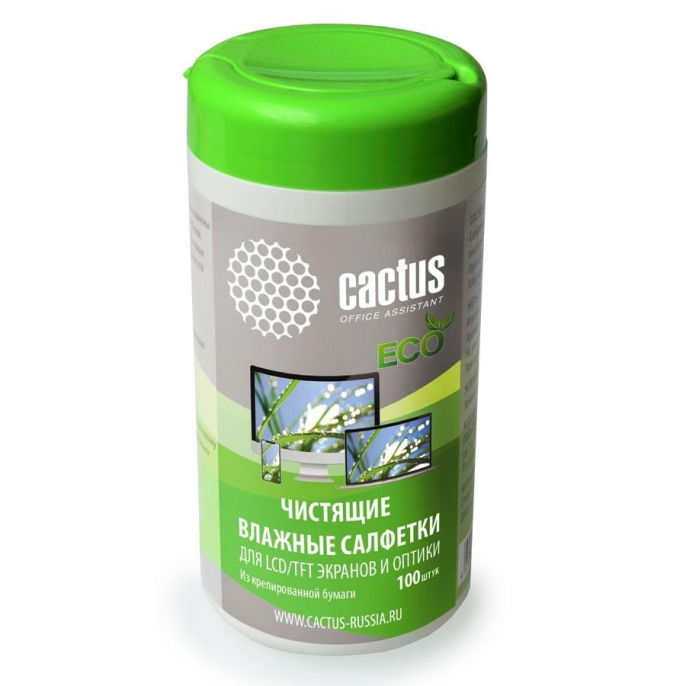 Влажные салфетки Cactus CS-1001PE,  100 шт (туба) для экранов и оптики