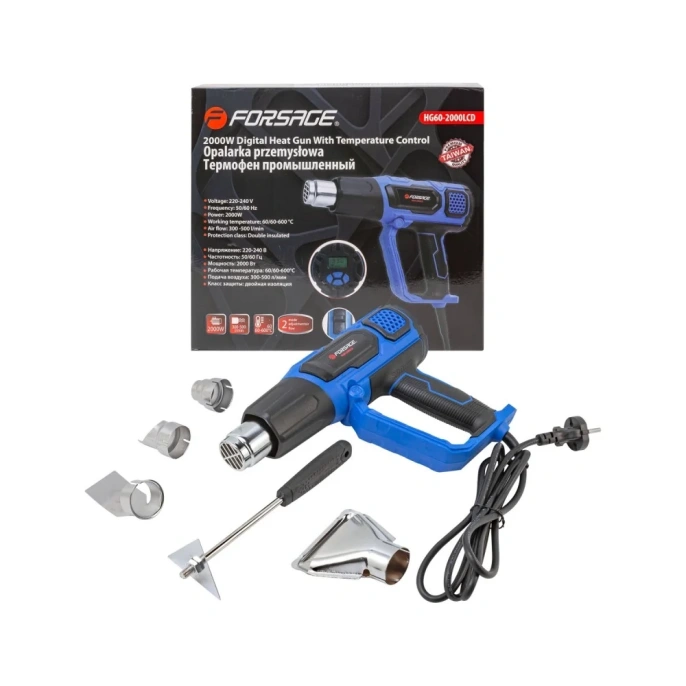 Промышленный электрический фен Forsage с дисплеем и насадками 220в, 50/60гц, 2000вт, 60-600с, 300-500л/мин, класс защиты-двойная изоляция F-HG60-2000LCD(52346)