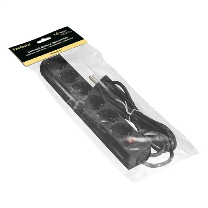 Сетевой фильтр ExeGate SP-6-1.8B 6 евророзетки с заземлением, 1.8м, защита от перегрузки, выключатель с подсветкой, черный EX119391RUS