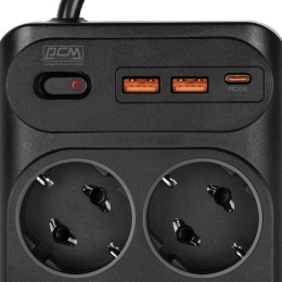 Сетевой фильтр-удлинитель PowerCom SP-10 USB2A1CB 3.0M, 10 розеток, черный, 16А, 4кВт, 204Дж, защитные шторки, защита от КЗ, перегрузки и импульсных помех, один порт USB-C PD20W и два USB-A QC3.0 суммарной мощностью 15Вт, кабель 3x1.5 мм2, ШхГхВ 268х10