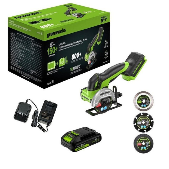 Аккумуляторная углошлифовальная машина Greenworks GD24UCS 500Вт 20000об/мин рез.шпин.:M6 d 76мм 3402007CUA