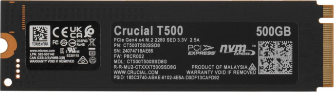 Твердотельный накопитель SSD Crucial M.2 2280 500GB Crucial T500 Client SSD CT500T500SSD8 PCIe Gen4x4 with NVMe, 7200/5700, TLC, 300TBW