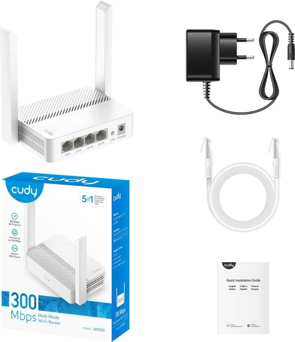 Wi-Fi роутер CUDY WR300, Wi-Fi 4, N300, 2.4ГГц, 3 LAN, белый