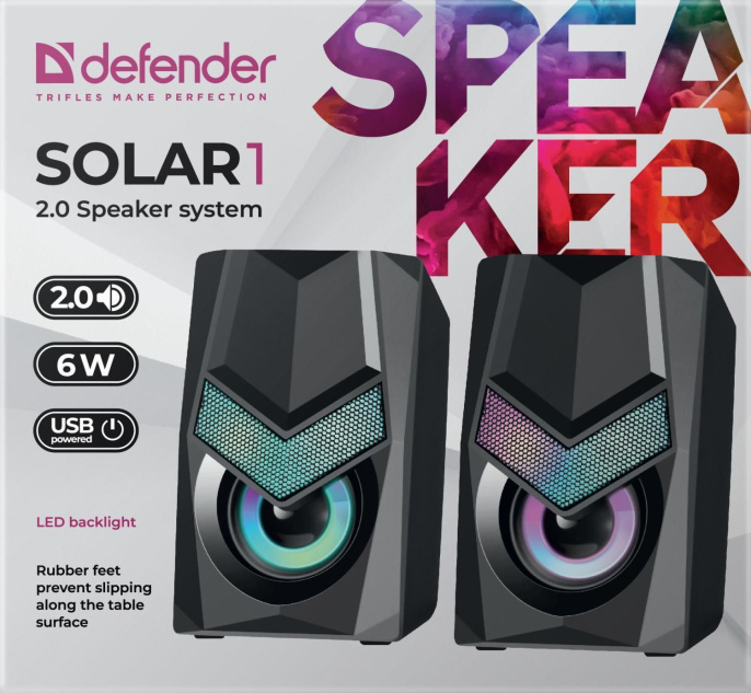 Колонки 2.0 Defender Solar 1 6Вт, подсветка, питание от USB 65401