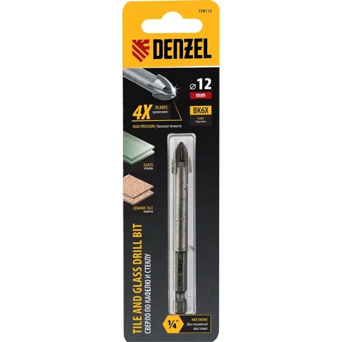 Сверло по керамической плитке 12 мм, крестовая пластина, 6-гр. хвостовик Denzel 728113