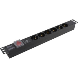Блок розеток с сетевым фильтром Surge Protect , выключателем с подсветкой и разъемом подключения C14 ExeGate ServerPro PDU-19H607 Al-6S-C14-SW-SPD1 19", 1U, Алюминий, 6 Schuko, C14, выкл. с подсветкой, SPD1, черный, RTL EX280832RUS