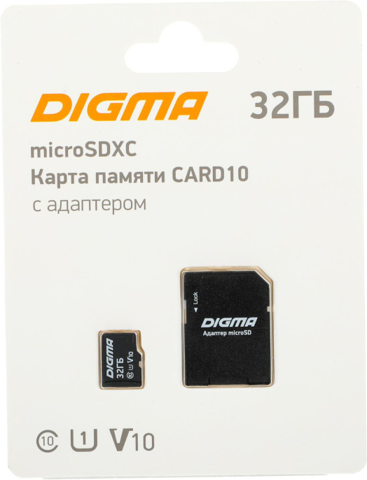 Флеш карта microSDHC 32GB Digma CARD10 V10 + adapter DGFCA032A01
