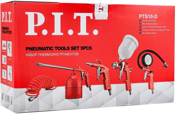 Набор пневмоинструментов P.I.T. PTS10-D СТАНДАРТ компл.:5 предметов 200л/мин красный