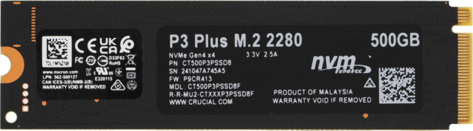 SSD накопитель Crucial P3 Plus CT500P3PSSD8 500ГБ, M.2 2280, PCIe 4.0 x4, NVMe, M.2