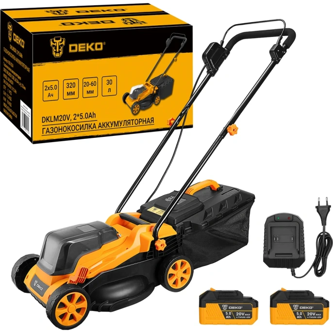Газонокосилка аккумуляторная DEKO DKLM20V, 20В, 2x5.0Aч, з/у, 320мм 085-2024