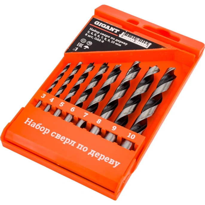 Набор сверл по дереву 3-4-5-6-7-8-9-10 мм, 8 шт, пластиковый кейс Gigant Gdd-8
