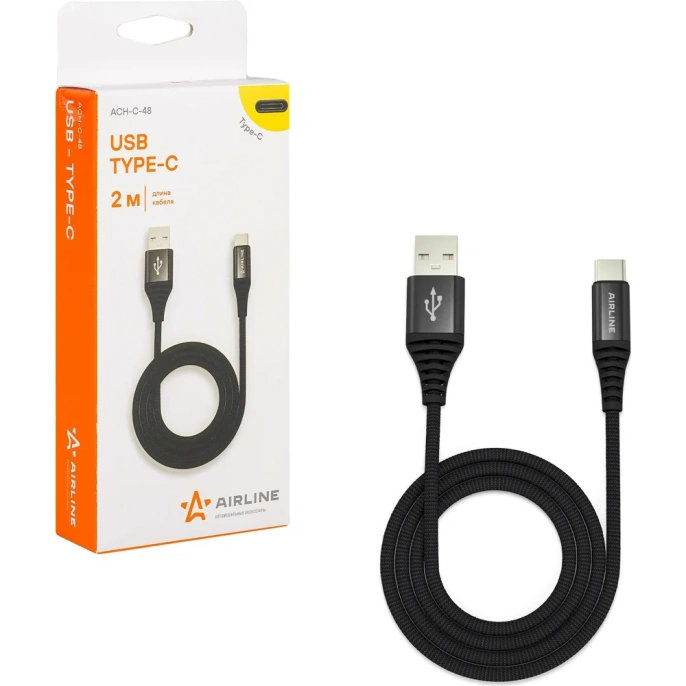 Кабель AIRLINE USB - Type-C 2м, черный нейлоновый ACH-C-48