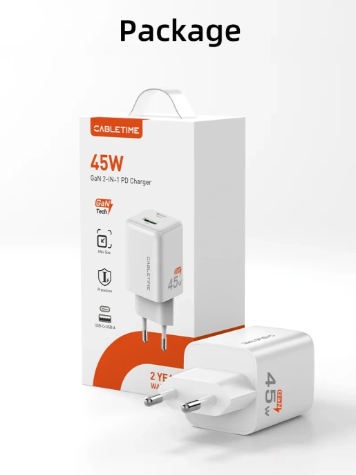Сетевое зарядное устройство CABLETIME GA45W (CT-GAN45-PW) GaN PD3.0 45 Вт A+C, белый