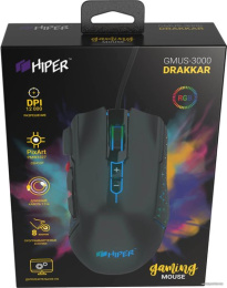 Мышь игровая HIPER DRAKKAR GMUS-3000 Black USB {4000 dpi, 8 кнопок, USB кабель 1.6м, черный}