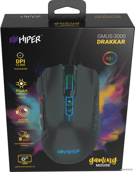 Мышь игровая HIPER DRAKKAR GMUS-3000 Black USB {4000 dpi, 8 кнопок, USB кабель 1.6м, черный}