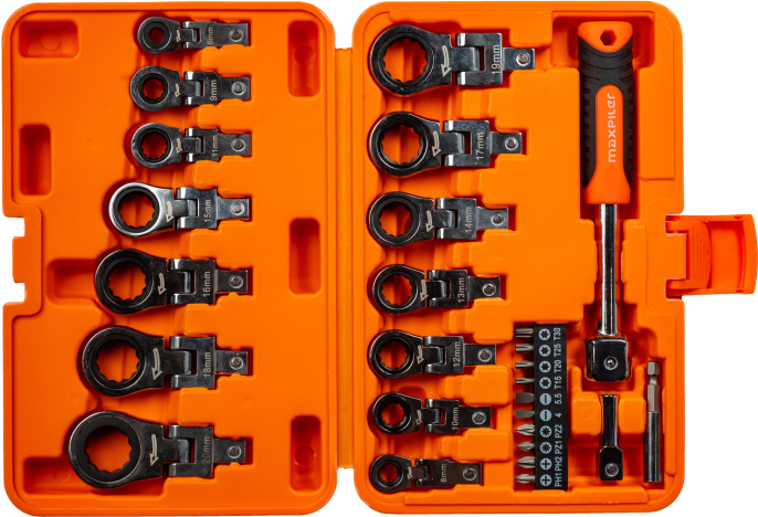 Набор насадок MaxPiler MXTF-27-SET 27 предметов (шарнирные, накидные, биты с рукояткой, 27 шт, 2 адаптера, кейс)