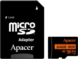 Карта памяти Apacer AP64GMCSX10U8-R 64GB + Adapter microSDXC, класс 10, UHS-I класс U3 , V30, A2, скорость чтения: 100МБ/с, скорость записи: 80МБ/с, с адаптером