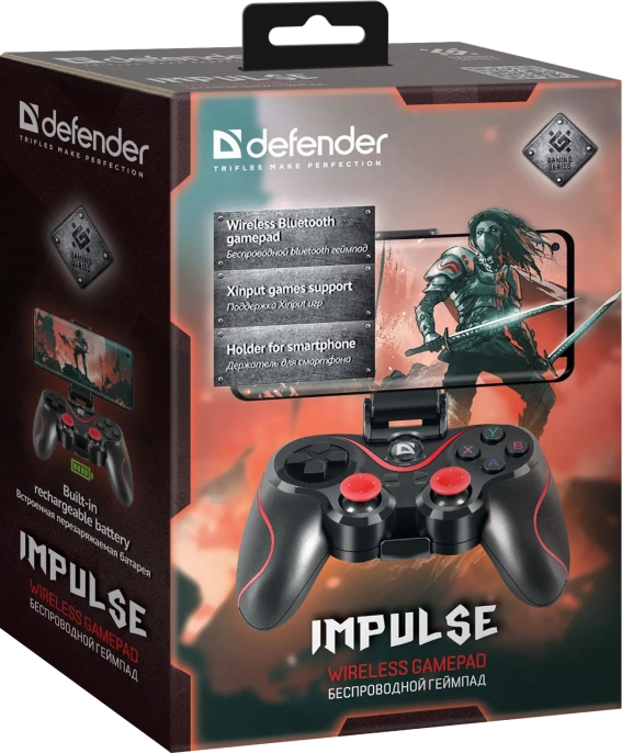 Геймпад беспроводной Defender Impulse черный, держатель для смартфона/кабель USB [64284]